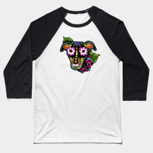 Min Pin with Floppy Ears - Day of the Dead Sugar Skull Dog Baseball T-Shirt